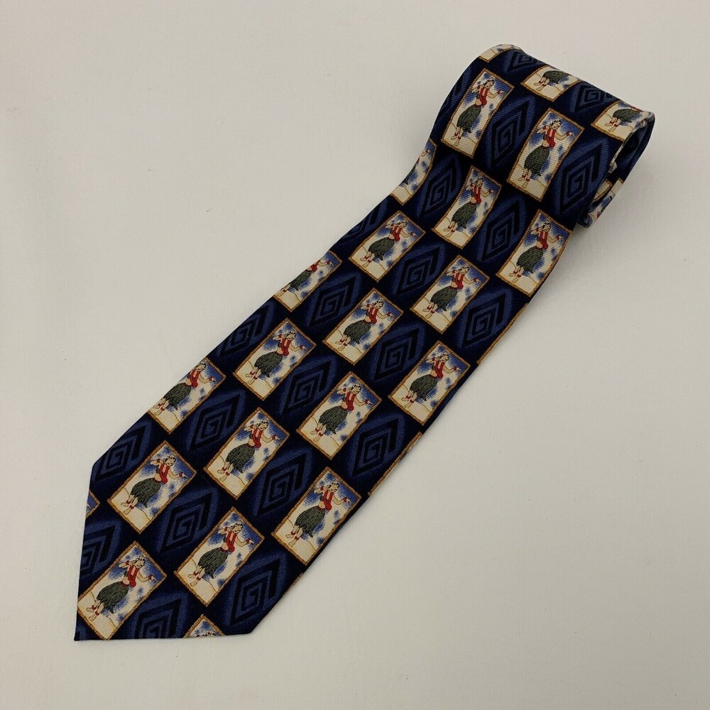 Tommy Bahama Men's Tie Necktie Hula Girl Hawaiian Print 100% Silk Blue White